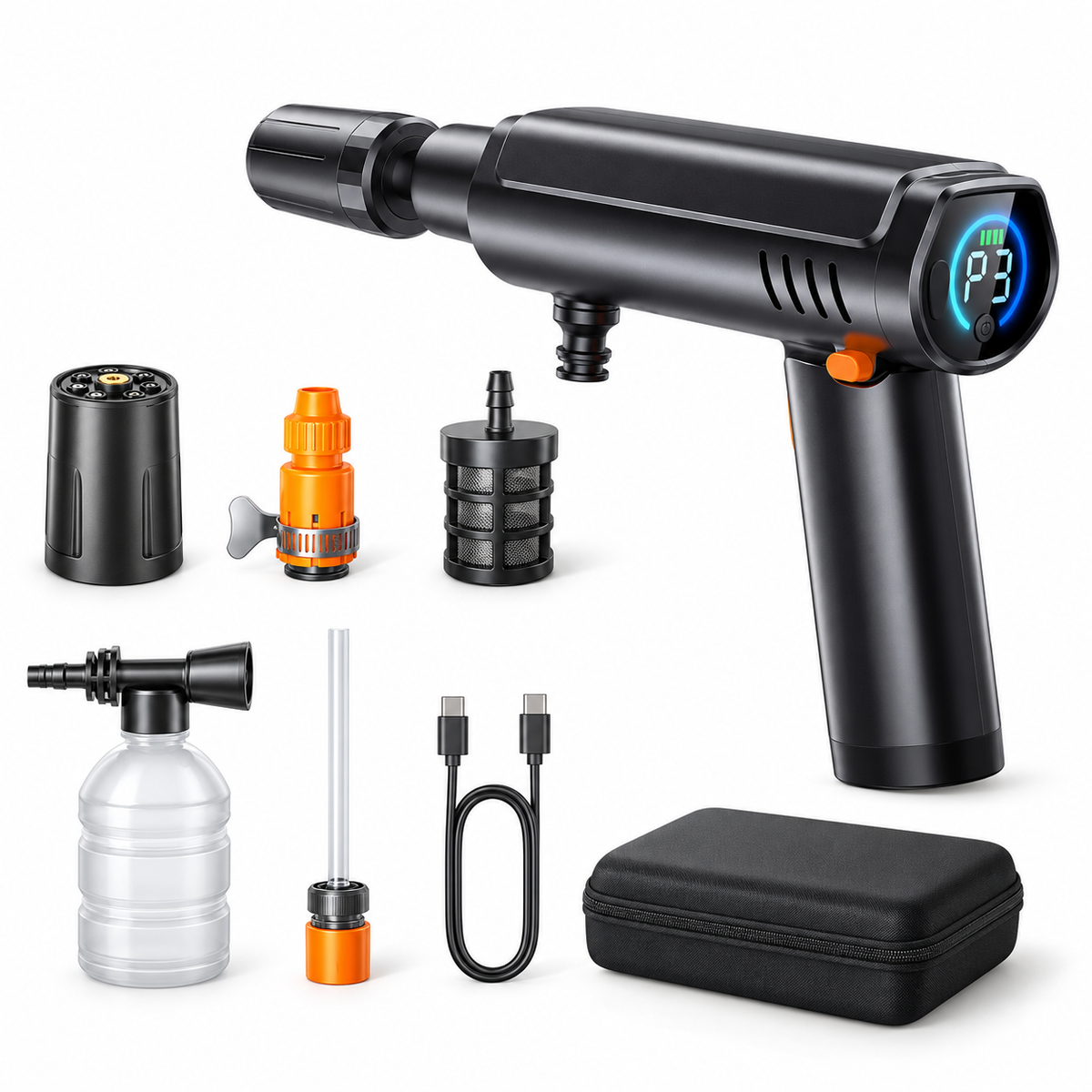 Akku-Hochdruckreiniger 70 bar, tragbarer Mini-Druckreiniger mit 5-in-1-Düse, Schaumflasche, Wasserfilter und Transportkoffer für Auto, Garten und Outdoor-Reinigung