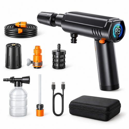 Akku-Hochdruckreiniger 70 bar, tragbarer Mini-Druckreiniger mit 5-in-1-Düse, Schaumflasche, Wasserfilter und Transportkoffer für Auto, Garten und Outdoor-Reinigung