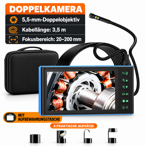 7-Zoll Industrie-Endoskopkamera mit 1080P IPS-Display, 5,5-mm-Doppelobjektiv, 3,5-m-IP67-Sonde und LED-Beleuchtung für Auto, Rohr und Maschineninspektion