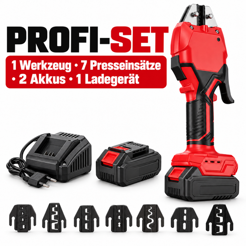 Akku Hydraulische Crimpzange für Kabelschuhe und Verbinder, elektrische Kabelschuh-Presszange mit 7 Presseinsätzen, 2 Akkus und Ladegerät